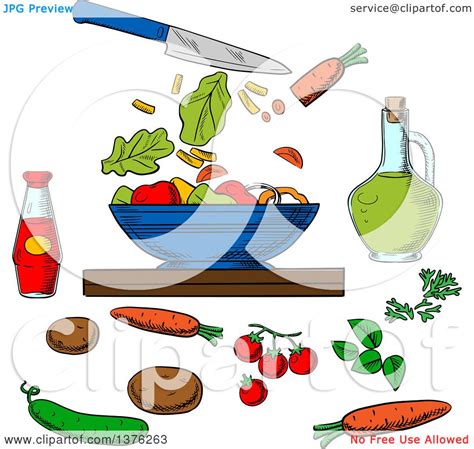 Clipart of a Sketched Knife and Salad Ingredients Around a Bowl - Royalty Free Vector ...