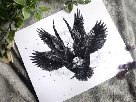 Celestial Raven Bird Wings Illustration Art Painting Print, Astrology ...