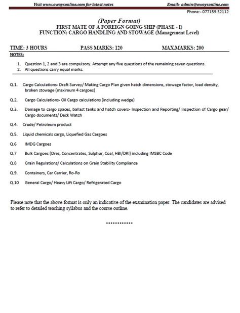 Phase 1 Chief Mate MMD Past Question Papers till Oct'24