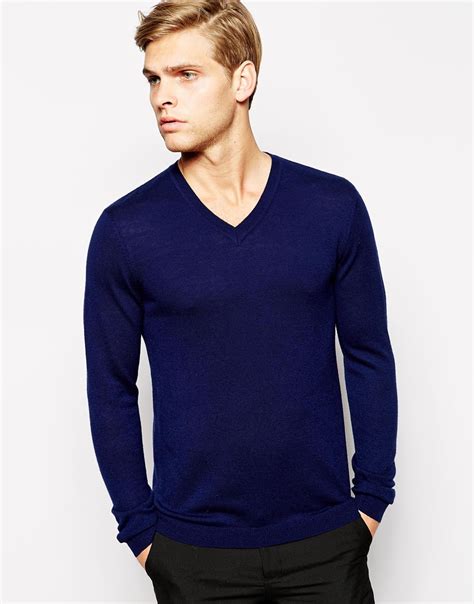 Lyst - Asos Merino V Neck Sweater in Blue for Men