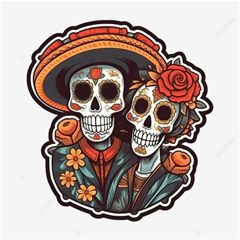 Mexican Day Of The Dead Cartoon Couple Sticker, Mexican Day Of The Dead, Skull, Mexico PNG ...