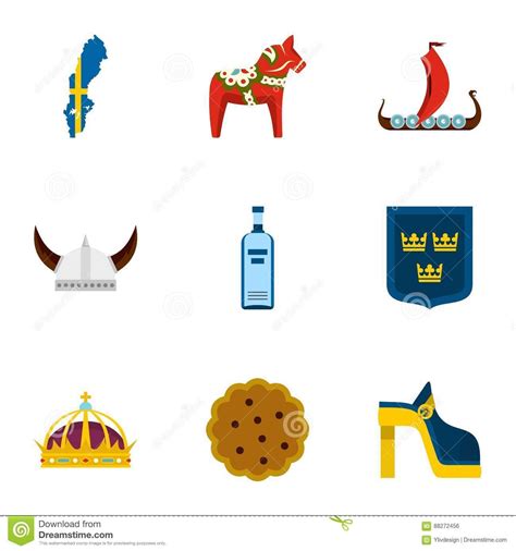 Symbols Of Sweden Icons Set, Flat Style Stock Vector - Illustration of ...