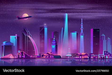 Modern city at night cartoon background Royalty Free Vector
