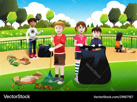 Kids volunteering cleaning up the park Royalty Free Vector