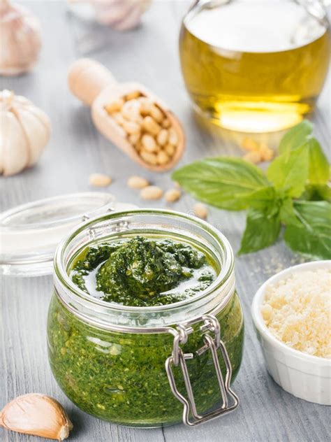 Homemade Basil Pesto Sauce Ingredients Stock Photo - Image of ...