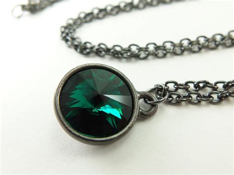 May Birthstone Necklace Emerald Necklace Dark Silver by Jalycme