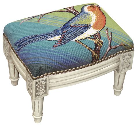 Bluebird Needlepoint on White Washed Wood Small Footstool - Traditional ...