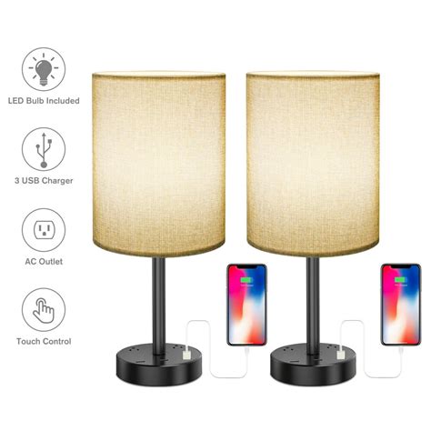 Set of 2 Table Lamps with 3 USB Charging Ports,Bedside Desk Lamps Touch Control & 2 AC Outlet,3 ...