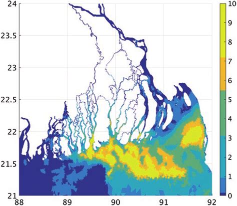 8 Map showing the change in salinity (PSU) comparing daily high water... | Download Scientific ...