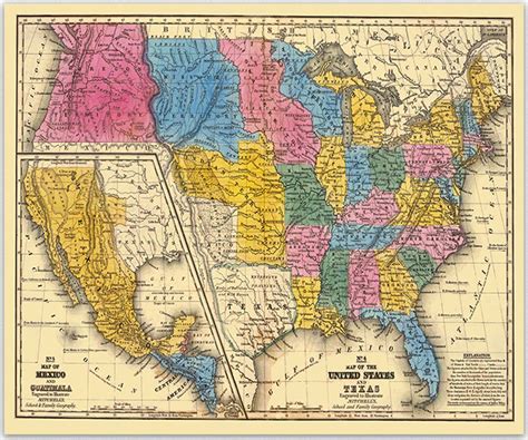 United States Texas Mexico Map of Texas State Vintage Wall Art Classroom Map Historical Interest ...