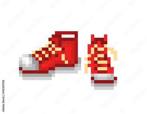 A pair of new red sneakers, pixel art illustration isolated on white background. Trendy sport ...