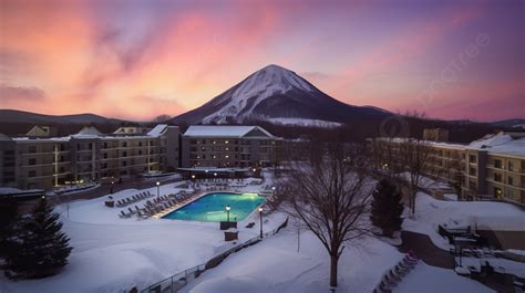 Ski Resort Next To A Snowy Mountain At Sunset Background, Camelback Resort Picture Background ...