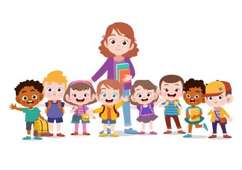 Teacher With Kids School | Teacher cartoon, Kids vector, Kids school