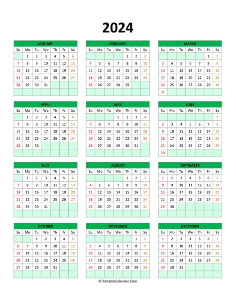 Editable Calendar Template 2024