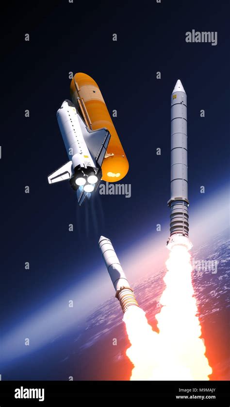 Space Shuttle Solid Rocket Boosters Separation Over Clouds. 3D ...