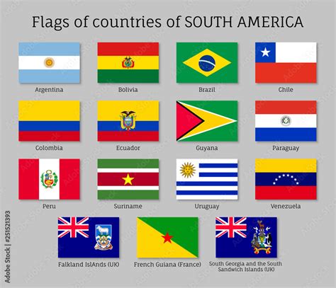 National countries flags of South America continent. Ecuador, Argentina, Bolivia, Brazil, Chile ...