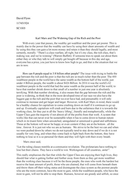 First Sociology Essay - David Flynn 117451924 SC Karl Marx and The Widening Gap of the Rich and ...