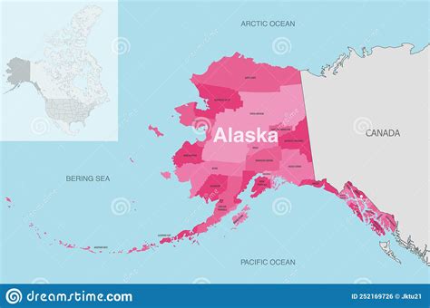 Alaska State Counties Vector Map with Neighbouring States and Terrotories Stock Vector ...