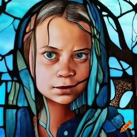 Stained glass artwork of greta thunberg swimming with whales on Craiyon