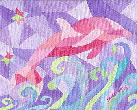 a painting of dolphins in the ocean with waves and stars on purple ...