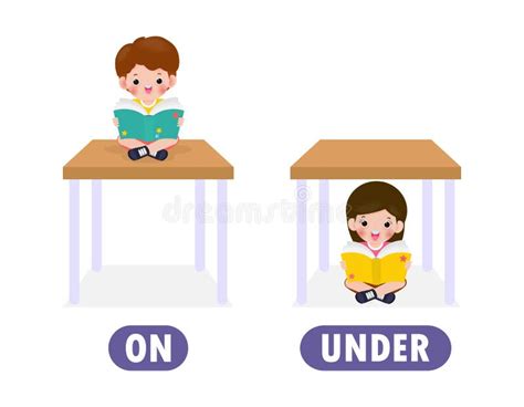 Words On And Under Flashcard With Cartoon Box And Apple. Opposite ...