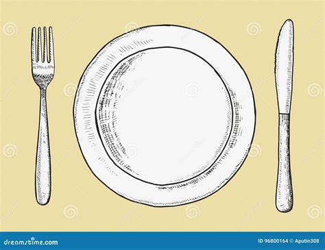 Cutlery Fork with Knife and Plate Vector. Sketch Hand Drawing Stock Vector - Illustration of ...