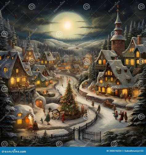 A Painting of a Christmas Village with a Lit Tree and a Full Moon in the Sky Above it and a ...