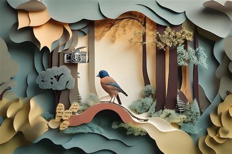 Premium AI Image | paper art a camera in a forest with birds paper art ...