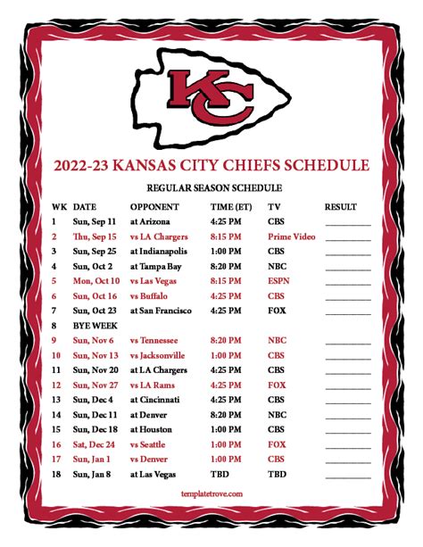 Printable 2022-2023 Kansas City Chiefs Schedule