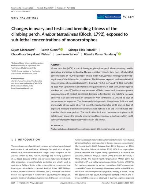 (PDF) Changes in ovary and testis and breeding fitness of the climbing perch, Anabas testudineus ...