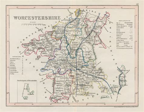 Old and antique prints and maps: Worcestershire county map, 1848, Worcestershire, antique prints ...