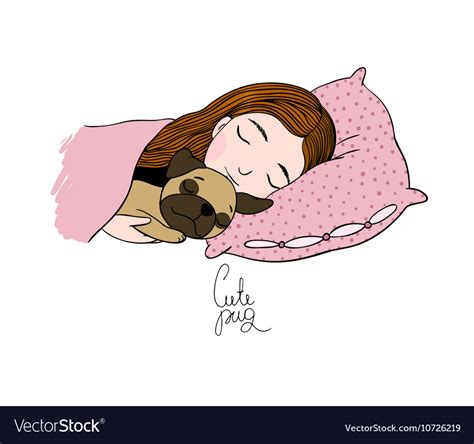 Sleeping beautiful young girl and a cute pug Vector Image