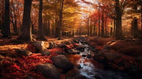 Premium Vector | Autumn in the forest with a stream and rocks