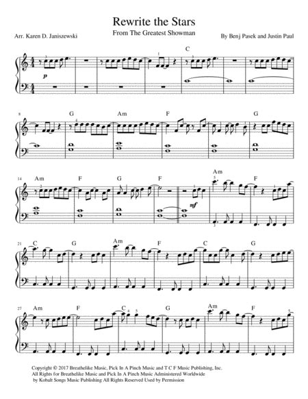 Rewrite The Stars (arr. Karen D. Janiszewski) by Zac Efron & Zendaya Sheet Music for Easy Piano ...