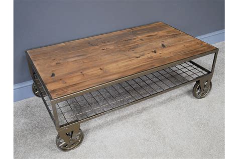 Industrial Coffee Table, Metal Frame, Natural Wooden Top, Metal Wheels ...