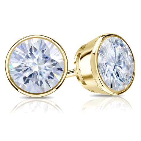 14k Yellow Gold Bezel Round Moissanite Stud Earrings 3.50 ct TGW, 8mm - DiamondStuds.com