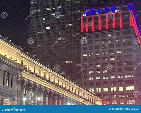 Skyscrapers at Night in Manhattan, New York Stock Image - Image of logo ...