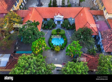 Top view aerial of Le Quy Don school, Ho Chi Minh City with development buildings ...