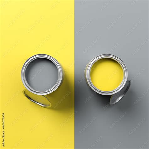 Paint pots in the colors of the year 2021 Illuminated Yellow and Ultimate Gray. Both colors also ...