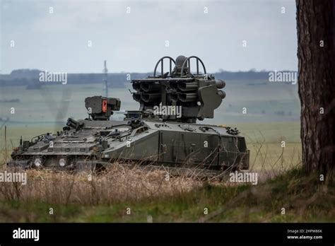 British Army Alvis Starstreak Stormer CVRT tracked armoured vehicle on military exercise ...