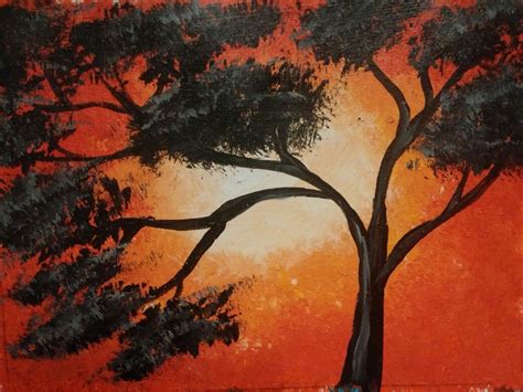 Tree with sunset, acrylic painting