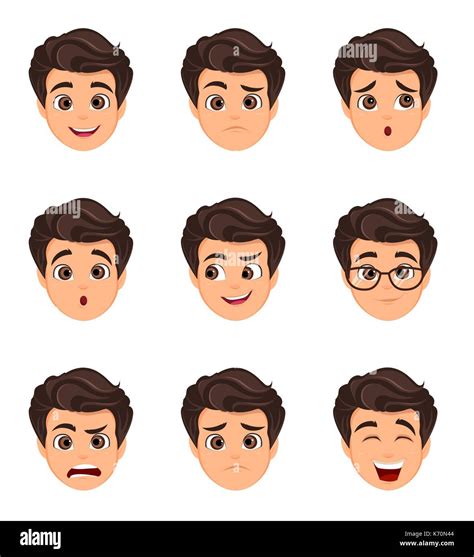 Male emotions set. Facial expression. Cartoon character with various face expressions. Vector ...