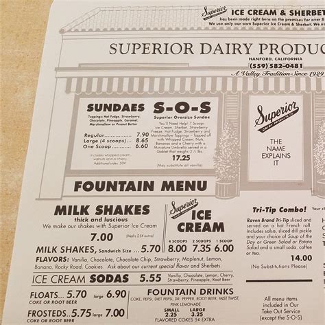 Menu at Superior Dairy restaurant, Hanford