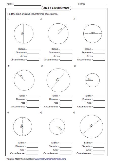 Circumference and Area of Circle Worksheets