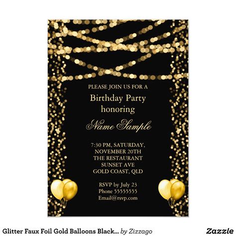 Glitter Faux Foil Gold Balloons Black Birthday Invitation | Zazzle.com ...