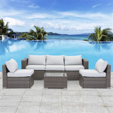 6PCS Patio Furniture Set - All-Weather Wicker Outdoor Sectional Rattan Sofa Conversation Set ...