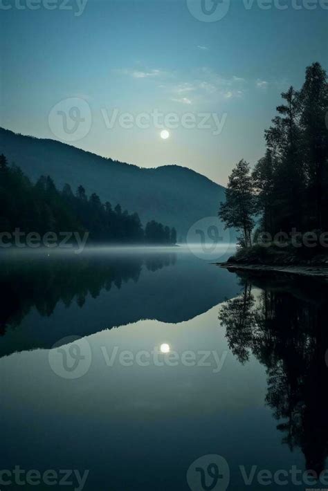 Photo of lake with moon reflection. AI generative 25218692 Stock Photo at Vecteezy