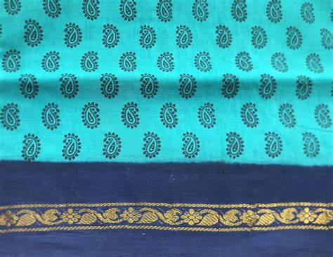 Paisley Print Cotton Saree Fabric Turquoise Black Sari Fabric | Etsy