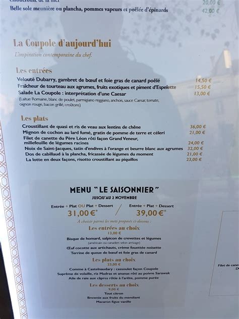 Menu au La Coupole café, Paris, 102 Boulevard du Montparnasse