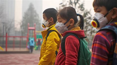 child wearing mask at playground, kids in masks outdoor, air pollution and children, child in ...